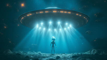 Cartoon Alien stand under the spotlight of a flying saucer, blue light	
