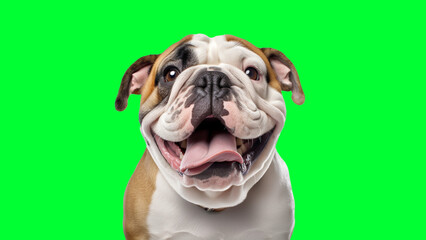 Portrait photo of smiling Bulldog on green background