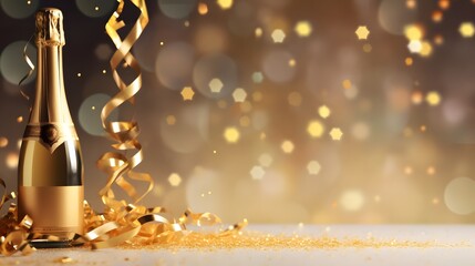 Celebration background with golden champagne bottle, confetti stars and party streamers. Christmas, birthday or wedding concept. copy space.
