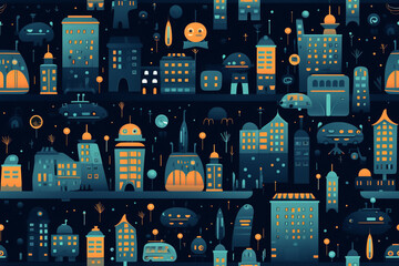 Cute sci fi futuristic city blue and orange background tile - obrazy, fototapety, plakaty