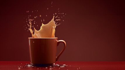 A splash of liquid in a cup on a plain burgundy background.