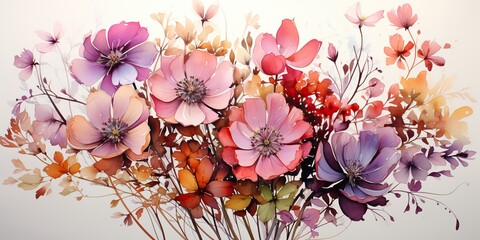 Drawn painted bloom blossom flowers in watercolor style with many colors. Floral botanical abstract plants decoration collection