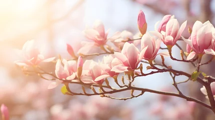 Fotobehang flowering magnolia blossom on sunny spring background, close-up of beautiful springtime flora, floral easter background concept with copy space © Ziyan