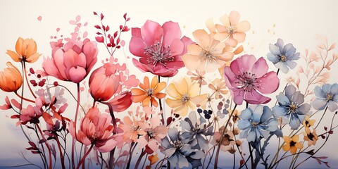 Drawn painted bloom blossom flowers in watercolor style with many colors. Floral botanical abstract plants decoration collection