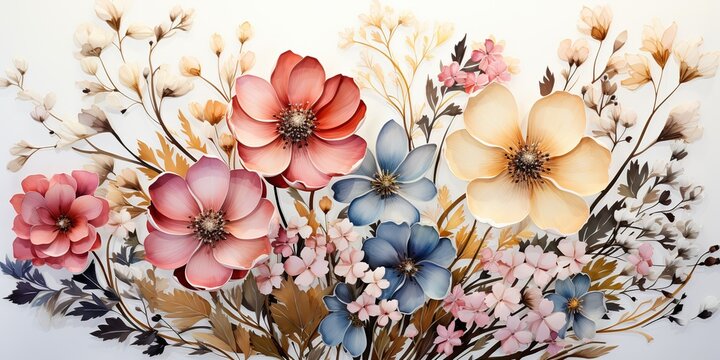 Drawn painted bloom blossom flowers in watercolor style with many colors. Floral botanical abstract plants decoration collection