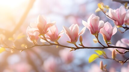 flowering magnolia blossom on sunny spring background, close-up of beautiful springtime flora, floral easter background concept with copy space