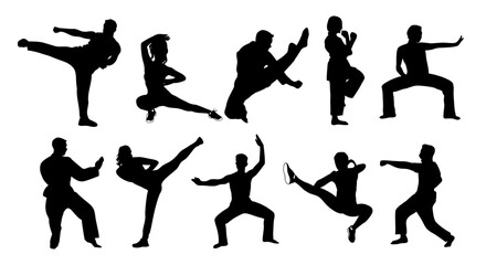 Martial art training male, female silhouettes set. People doing asian martial art exercises. Vector black illustrations isolated on transparent background. Karate, judo, tai chi, taekwondo sport.
