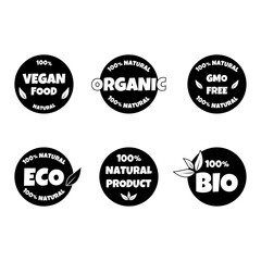 Set of stickers on a black and white background. Eco, natural product, bio, vegan food, organic, GMO-free stickers with green leaves. Logo, stamp, label. Ecology of the icon. Organic products. Vector