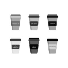 A set of coffee glasses with an inscription. Black and white. Delicious coffee paper cup icon with the inscription. Drink vector illustration design.