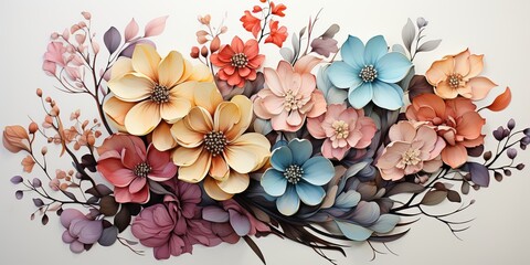 Drawn painted bloom blossom flowers in watercolor style with many colors. Floral botanical abstract plants decoration collection - obrazy, fototapety, plakaty
