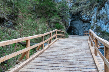 Obraz premium Wooden bridge through Foelzklamm along scenic hiking trail to Foelzkogel in idyllic Hochschwab mountain region, Styria, Austria. Majestic gorge in remote Austrian Alps. Wanderlust in alpine summer