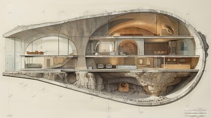 architectural model drawing of an underground nuclear bunker and underground house concept: underground bunker life in an underground house, shelter from a nuclear explosion