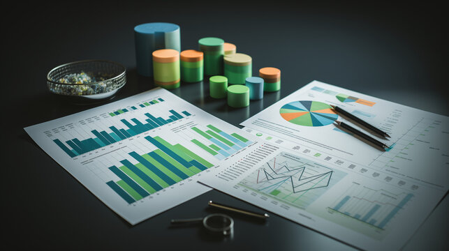 Green blue charts and graphs in a4 many pages on table top view, Ai generated image