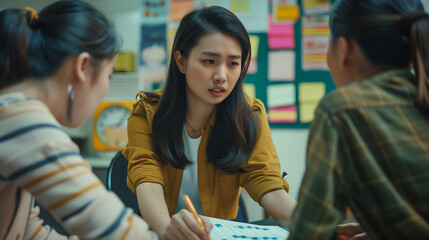 Motivated Asian female group leader standing explaining work on project paperwork, brainstorming with multiethnic team - obrazy, fototapety, plakaty