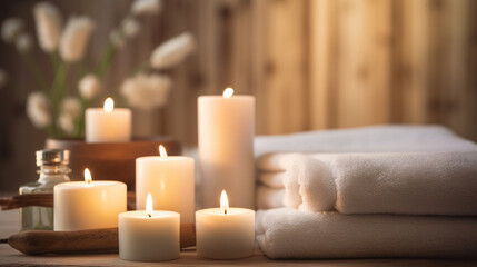 Fototapeta na wymiar spa setting with white candles for relaxation and leisure