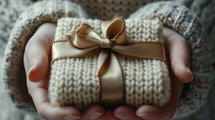 Fototapeta na wymiar Woman hands holding knitted gift with satin ribbon