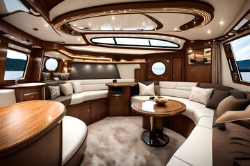 Interior of a living room of a small luxury motoro boat