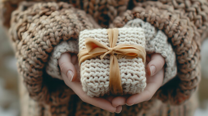 Woman hands holding knitted gift with satin ribbon