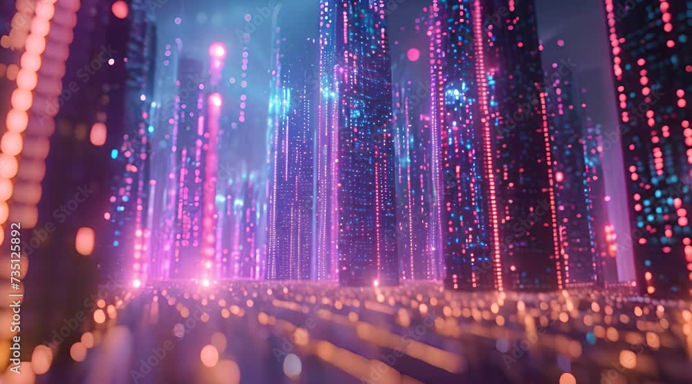 Poster virtual office buildings emerging from lines of code, forming a digital cityscape in a cyberspace en