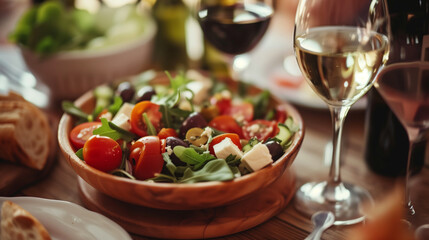 A selection of food bowls arranged neatly on a wooden table, showcasing a delicious lunch spread.