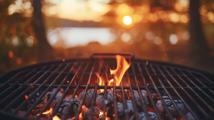Close-up of hot coals in a grill.