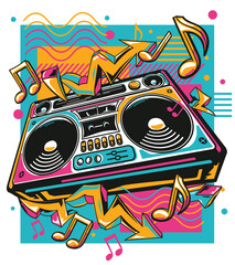 Musical boom box tape recorder  with colorful funky graffiti arrows and notes