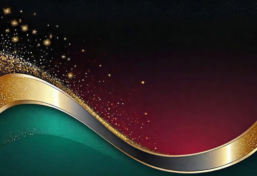 Luxurious golden shiny particles on a dark background with tints and gradients for the design of New Year and Christmas greetings, Luxurious background with an element of gold line and waves, Abstract