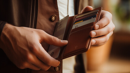 Close-up of hands holding a brown wallet with credit cards and a smartphone partly visible.