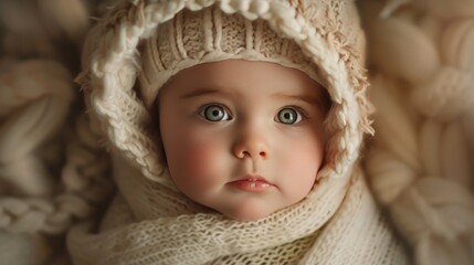 Fototapeta na wymiar portrait of a baby, Cozy Knitted Warmth Enveloping a Blurred Subject