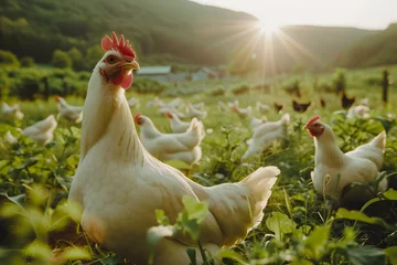 Foto op Plexiglas Free range chickens on grass at farm. © Pacharee