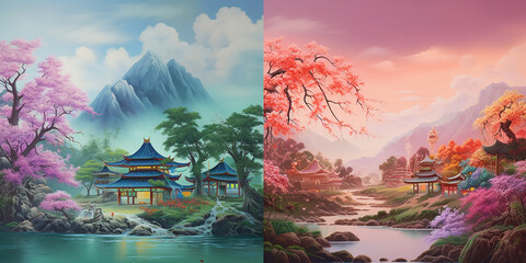 Cherry blossoms and misty mountain forests, castles, rivers, waterfalls, landscape paintings of cherry blossom trees.