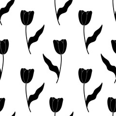 Seamless floral spring tulip flower silhouettes black white. Vector illustration. For your design, wrapping paper, fabric.
