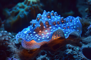 A mysterious deep-sea mollusk adorned with glowing bioluminescent spots