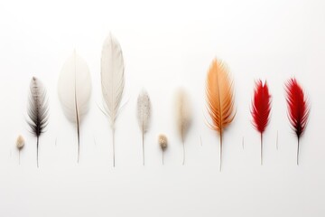 close up of various kinds of feathers in rows and colors isolated on white