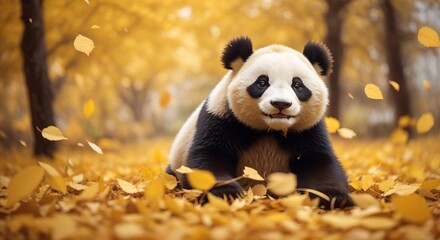 Panda playing in yellow autumn leaves