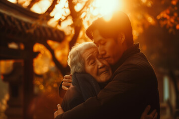 Gentle Sunset Embrace, Generational Bond of Grandmother and Grandson