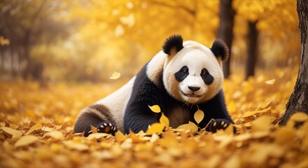 Panda playing in yellow autumn leaves
