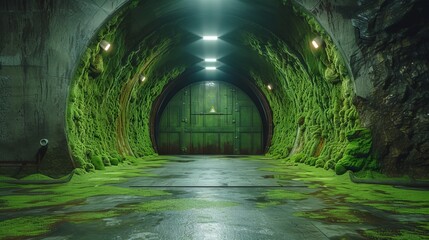 Underground tunnel with a door at the end, entrance to an underground bunker Concept: underground bunker, entrance to a shelter, bomb shelter - obrazy, fototapety, plakaty