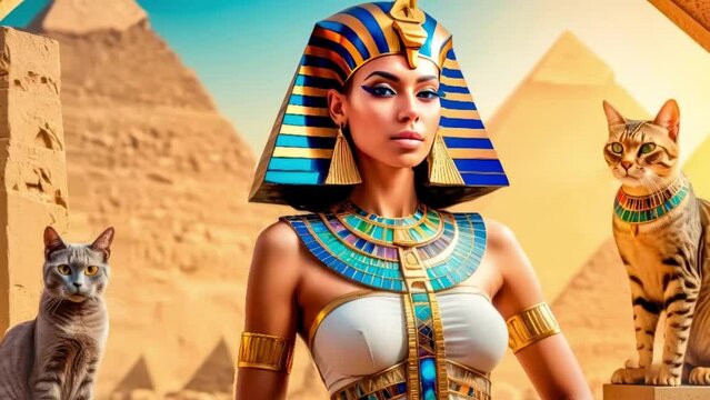 Beautiful Egyptian queen against the background of the pyramid.