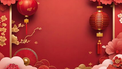 Fototapeta na wymiar Chinese New Year Decorations with Gold Frame and Floral Design Vector Illustration