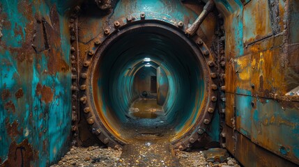 A view of a rusty steel door leading to a dark and mysterious underground tunnel, with water stains and signs of corrosion along the edges. Concept: exploration, adventure, underground structures and 