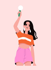 Kpop group fan concept. Woman in white tshirt with placard. Supporter for musical korean group. Booklet, flyer and leaflet. Cartoon flat vector illustration isolated on pink background