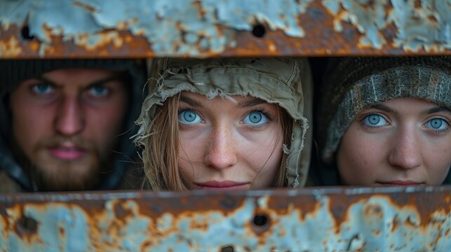 Three people dressed in military style look through a slot in a rusty metal wall. Concept: Military theme, survival, themed games, allegory of vigilance and caution.