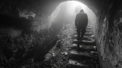 Monochrome image of a man walking through an abandoned tunnel towards the light at the exit.