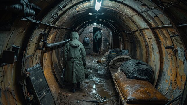 A gloomy and abandoned underground tunnel with rows of old seats and figures in protective clothing exploring the space. Concept: Post-apocalyptic scenes, urban exploration, films and books about surv
