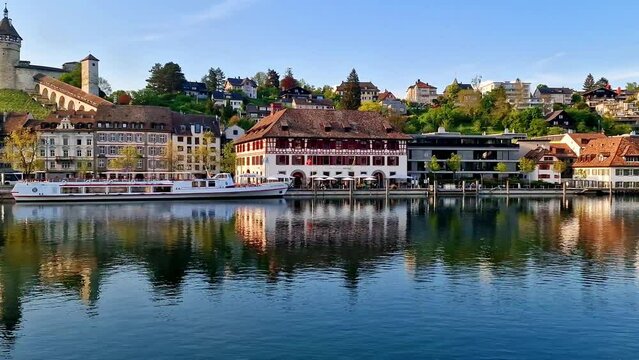 Historical medieval towns of Switzerland. scenic Schaffhausen  and view of Munot castle over susnet, Rhein river