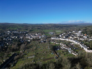 Moretonhampstead, Dartmoor, Devon, England: DRONE VIEWS: The drone shows the medieval town including its church, houses and allotments. The town was mentioned in the Domesday Book of 1086 AD.