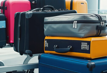 collection of suitcases and travel bags on a transport belt at the airport, bags of different styles, sizes, colors, prints, materials and shapes, traveling with a suitcase at the airport,