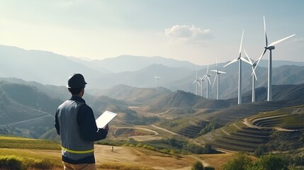 Engineer holding a tablet Closely inspecting wind generator.The hand may be tool to help monitor control the operation the turbine.close view allows engineers inspect details accurately and accurately