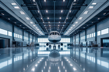 A sleek private jet parked in a spacious, well-lit hangar, reflecting on the glossy floor.